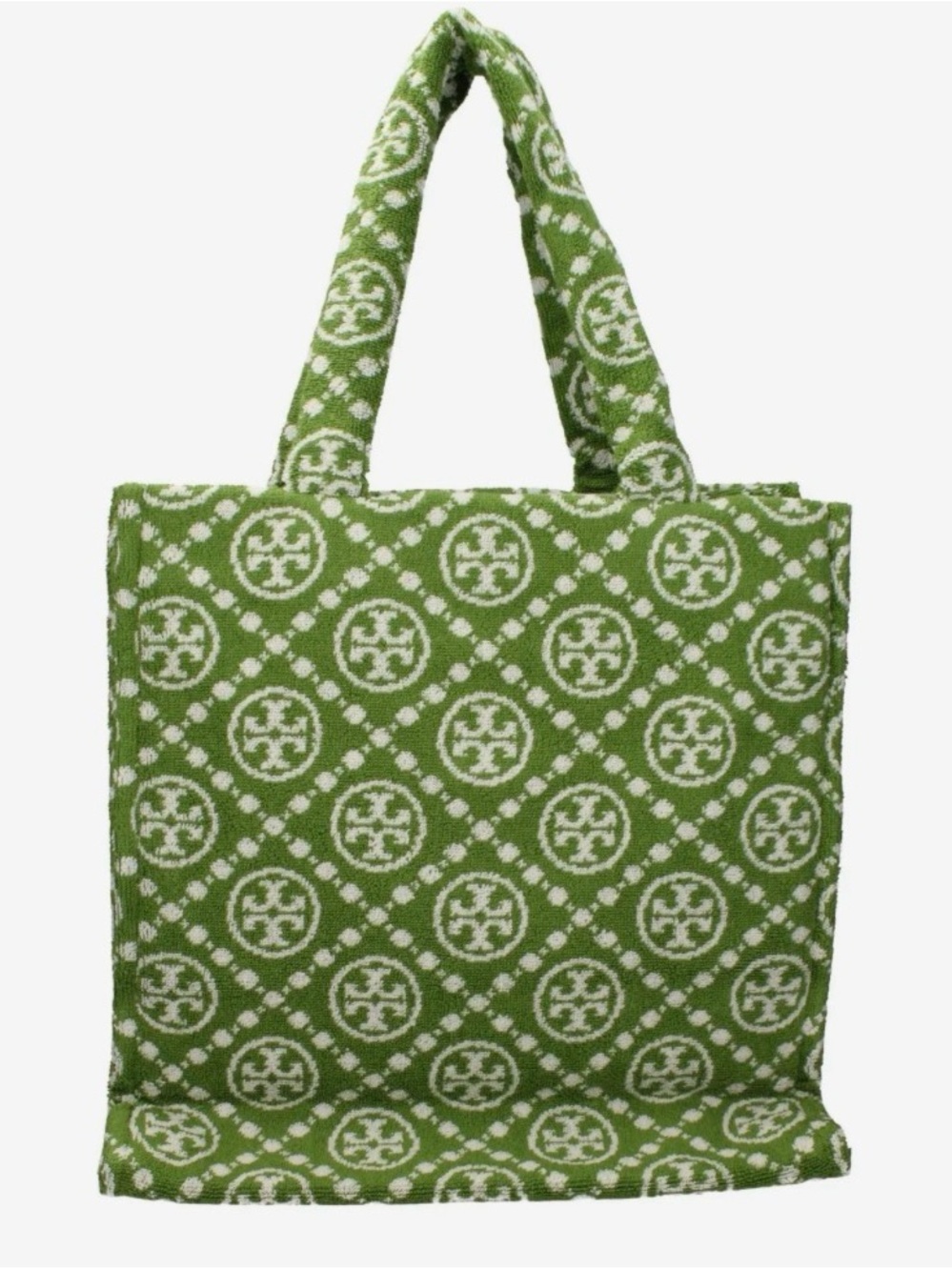 Tory Burch Green and White Logo Jacquard Terrycloth Tote